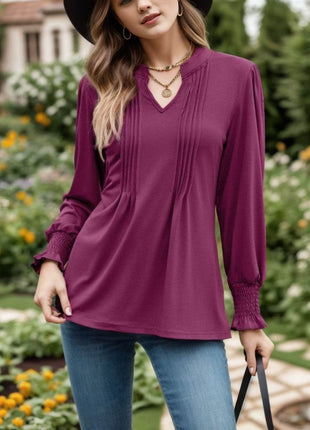 Notched Smocked Flounce Sleeve Blouse - MimiStylez