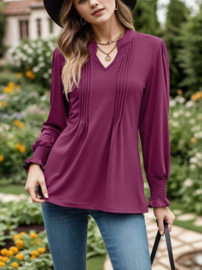 Notched Smocked Flounce Sleeve Blouse - MimiStylez