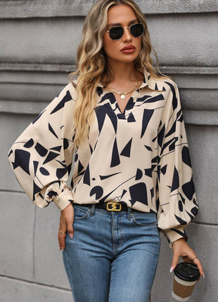 Printed Johnny Collar Blouse - MimiStylez