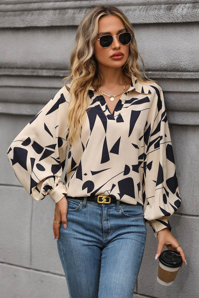 Printed Johnny Collar Blouse - MimiStylez