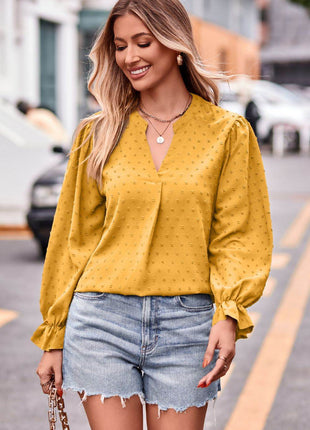 Swiss Dot Notched Neck Flounce Sleeve Blouse - MimiStylez