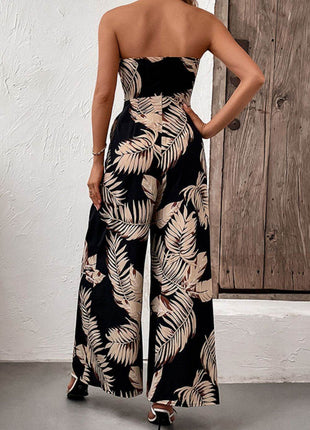 Printed Strapless Wide Leg Jumpsuit with Pockets - MimiStylez