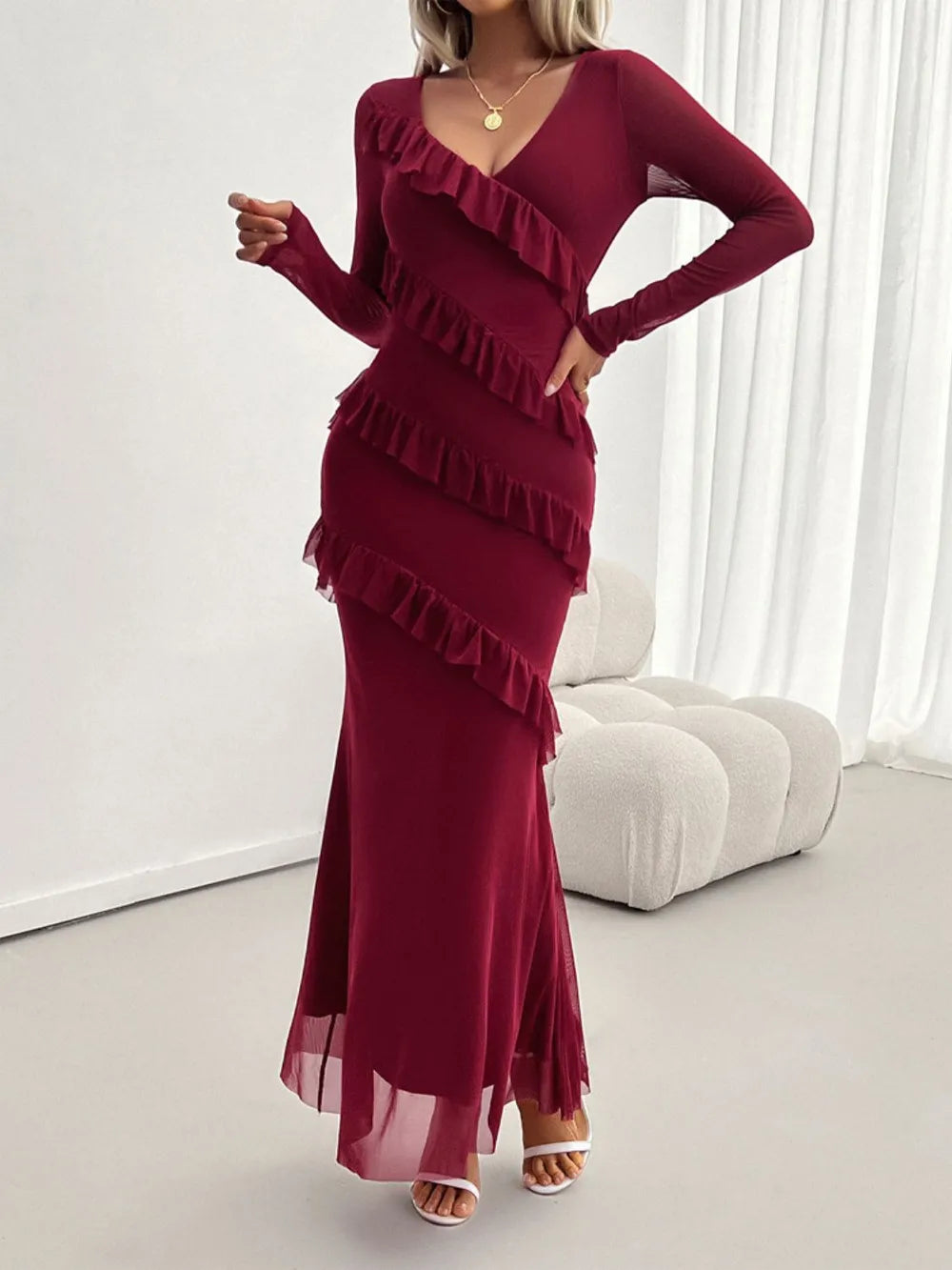 devine ruffle maxi dress The olive to your martini Devine ruffle maxi dress from @FashionNova