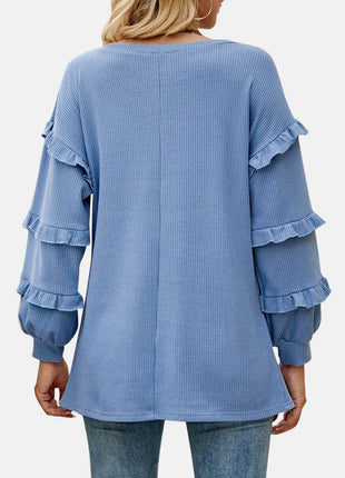 Ruffled V-Neck Long Sleeve T-Shirt - MimiStylez