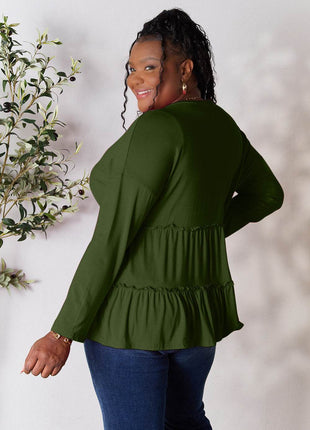 Double Take Half Button Long Sleeve Ruffle Hem Blouse - MimiStylez