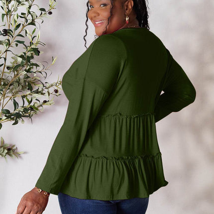 Double Take Half Button Long Sleeve Ruffle Hem Blouse - MimiStylez