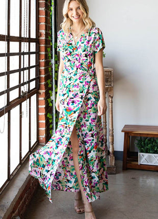 First Love Slit Printed Surplice Tie Waist Short Sleeve Dress - MimiStylez