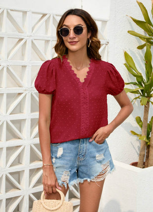 Swiss Dot Lace Detail V-Neck Blouse - MimiStylez