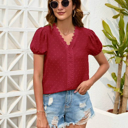 Swiss Dot Lace Detail V-Neck Blouse - MimiStylez