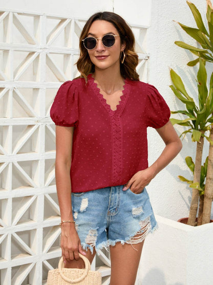 Swiss Dot Lace Detail V-Neck Blouse - MimiStylez