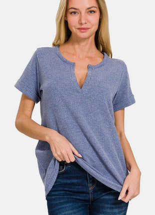 Zenana Notched Short Sleeve Waffle T-Shirt - MimiStylez