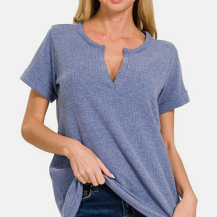 Zenana Notched Short Sleeve Waffle T-Shirt - MimiStylez