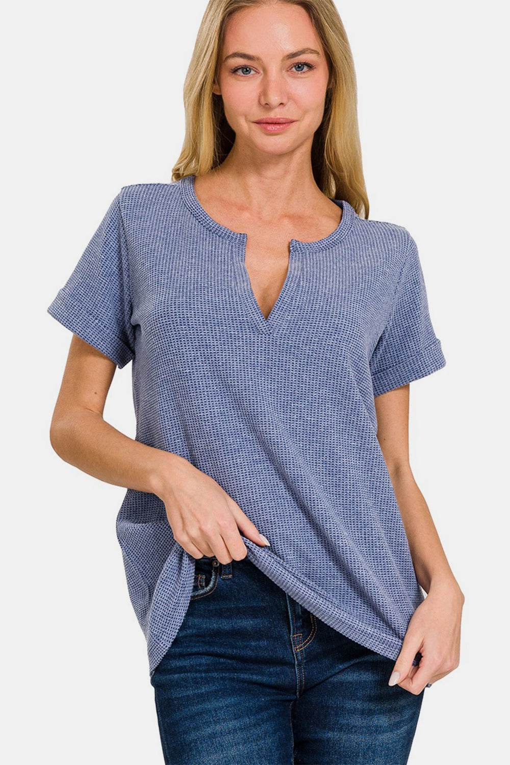 Zenana Notched Short Sleeve Waffle T-Shirt - MimiStylez