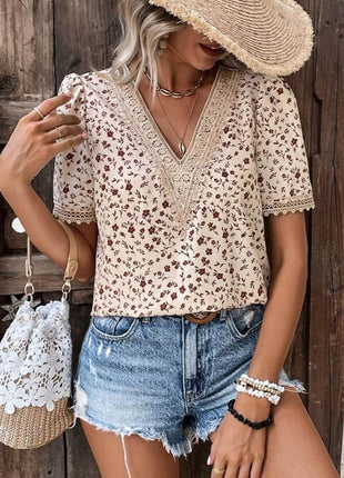 Full Size Printed V-Neck Short Sleeve Blouse - MimiStylez