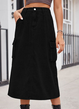 Slit Buttoned Denim Skirt with Pockets - MimiStylez