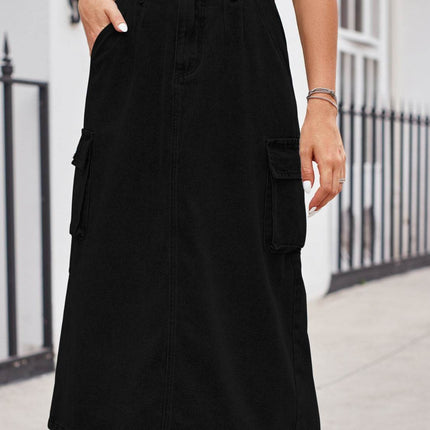 Slit Buttoned Denim Skirt with Pockets - MimiStylez
