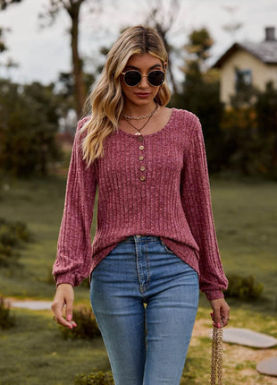 Round Neck Button-Down Long Sleeve Tee - MimiStylez