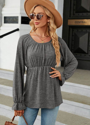 Round Neck Flounce Sleeve Blouse - MimiStylez