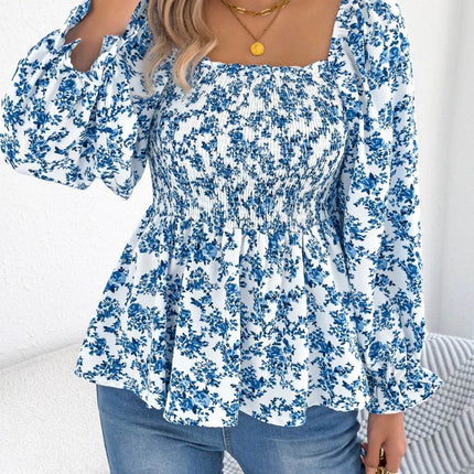 Floral Square Neck Flounce Sleeve Blouse - MimiStylez