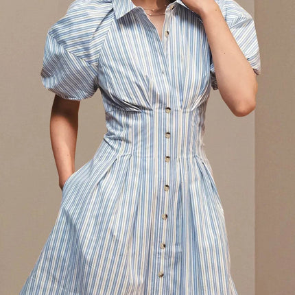 Striped Button Front Shirt Dress - MimiStylez