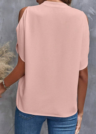 Notched Cold Shoulder Half Sleeve Blouse - MimiStylez