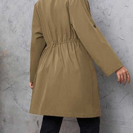 Plus Size Lapel Collar Drawstring Roll-Tab Sleeve Trench Coat - MimiStylez