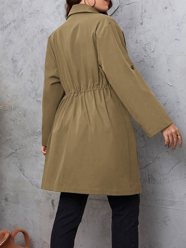 Plus Size Lapel Collar Drawstring Roll-Tab Sleeve Trench Coat - MimiStylez
