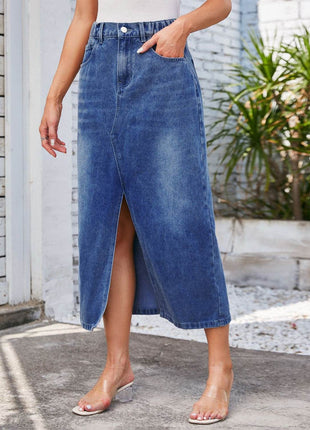 Slit Midi Denim Skirt with Pockets - MimiStylez