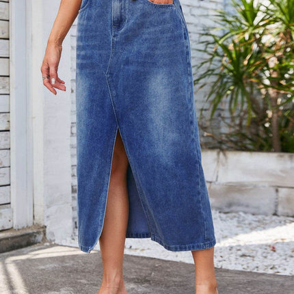 Slit Midi Denim Skirt with Pockets - MimiStylez