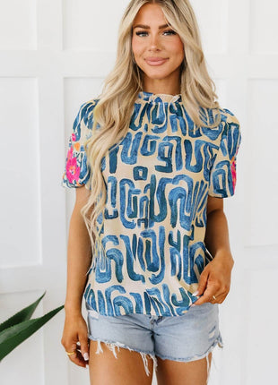 Embroidered Printed Mock Neck Short Sleeve Blouse - MimiStylez