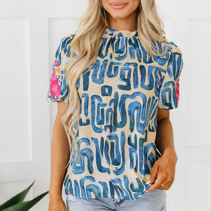 Embroidered Printed Mock Neck Short Sleeve Blouse - MimiStylez