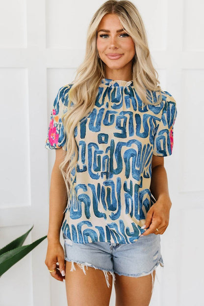 Embroidered Printed Mock Neck Short Sleeve Blouse - MimiStylez