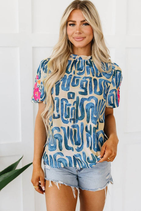 Embroidered Printed Mock Neck Short Sleeve Blouse - MimiStylez