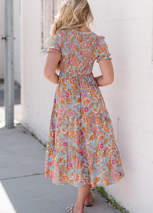 Floral Flounce Sleeve Round Neck Midi Dress - MimiStylez