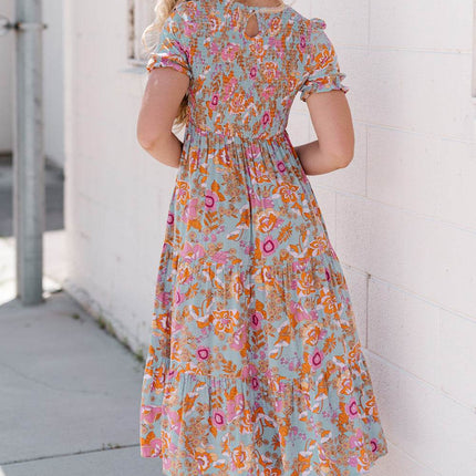 Floral Flounce Sleeve Round Neck Midi Dress - MimiStylez