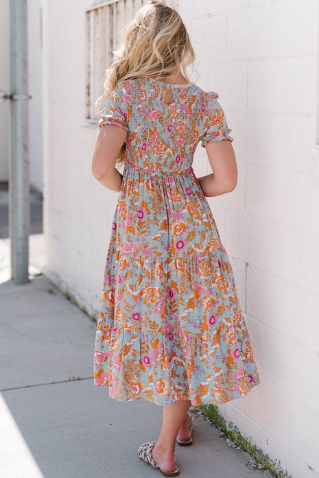 Floral Flounce Sleeve Round Neck Midi Dress - MimiStylez