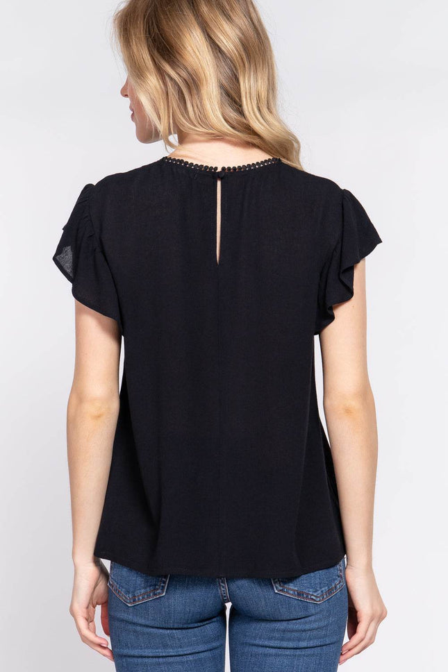 ACTIVE BASIC Ruffle Short Sleeve Crochet Blouse - MimiStylez