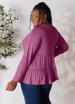 Double Take Half Button Long Sleeve Ruffle Hem Blouse - MimiStylez