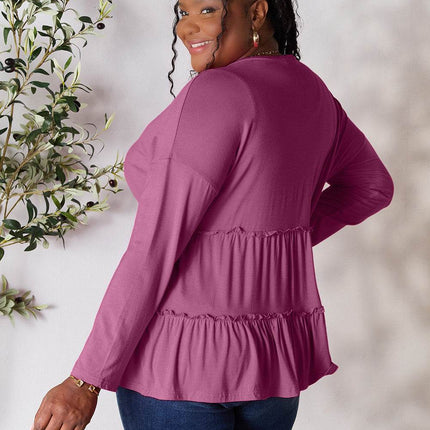 Double Take Half Button Long Sleeve Ruffle Hem Blouse - MimiStylez