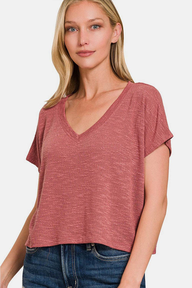 Zenana V-Neck Short Sleeve Crop T-Shirt - MimiStylez