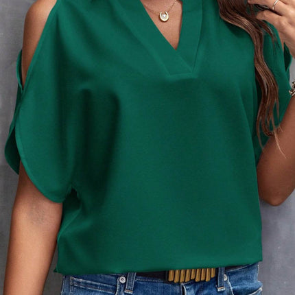 Notched Cold Shoulder Blouse - MimiStylez