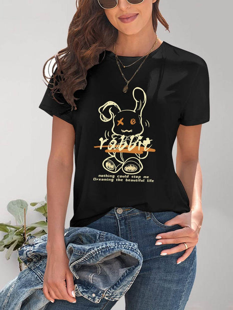 Rabbit Graphic Round Neck Short Sleeve T-Shirt - MimiStylez