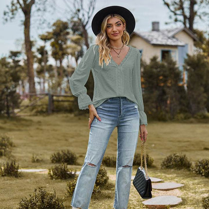 V-Neck Flounce Sleeve Blouse - MimiStylez