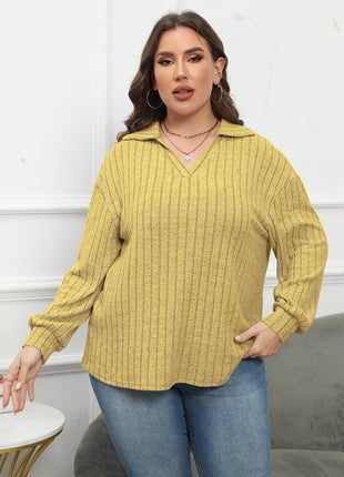 Plus Size Ribbed Collared Neck Long Sleeve Blouse - MimiStylez