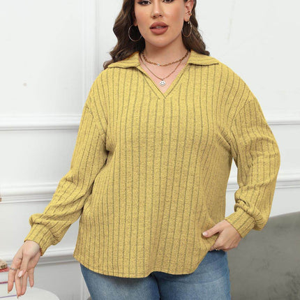 Plus Size Ribbed Collared Neck Long Sleeve Blouse - MimiStylez