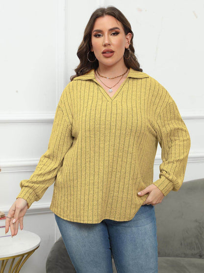 Plus Size Ribbed Collared Neck Long Sleeve Blouse - MimiStylez