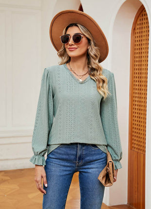 V-Neck Flounce Sleeve Blouse - MimiStylez