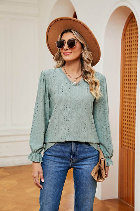 V-Neck Flounce Sleeve Blouse - MimiStylez
