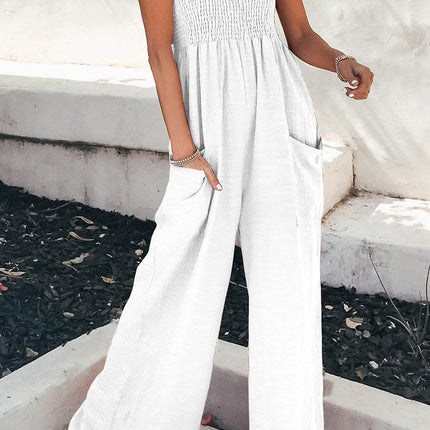 Smocked Spaghetti Strap Wide Leg Jumpsuit - MimiStylez