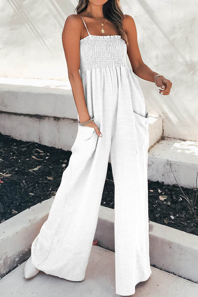Smocked Spaghetti Strap Wide Leg Jumpsuit - MimiStylez